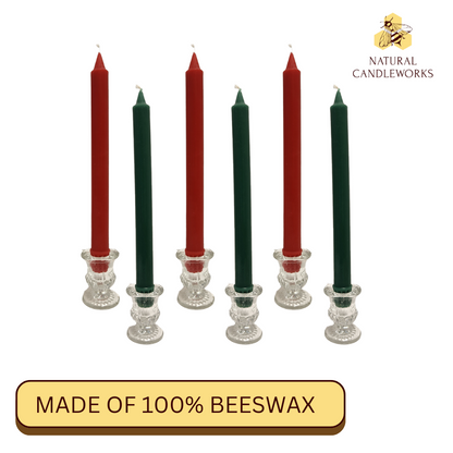 Taper Candles 100% Beeswax Christmas Taper Candle Set – 6 Hand-Poured Candles (3 Red & 3 Green) for Holiday Decor, Table Settings, and Festive Ambiance