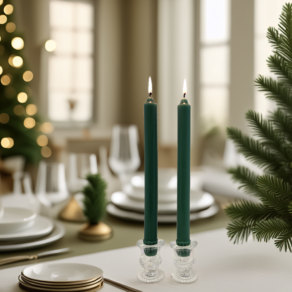 Taper Candles 100% Beeswax Christmas Taper Candle Set of 2 Hand-Poured Candles for Holiday Decor, Table Settings, and Festive Ambiance - Green