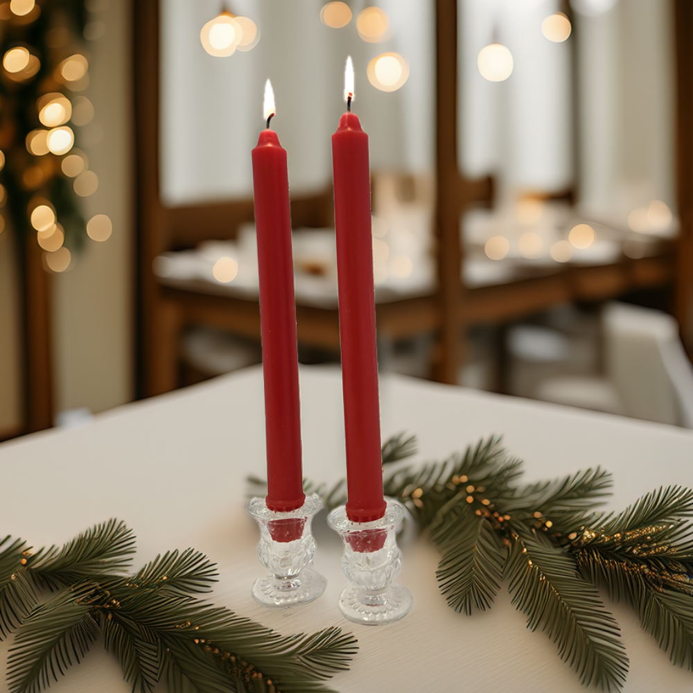 Taper Candles 100% Beeswax Christmas Taper Candle Set of 2 Hand-Poured Candles for Holiday Decor, Table Settings, and Festive Ambiance - Red